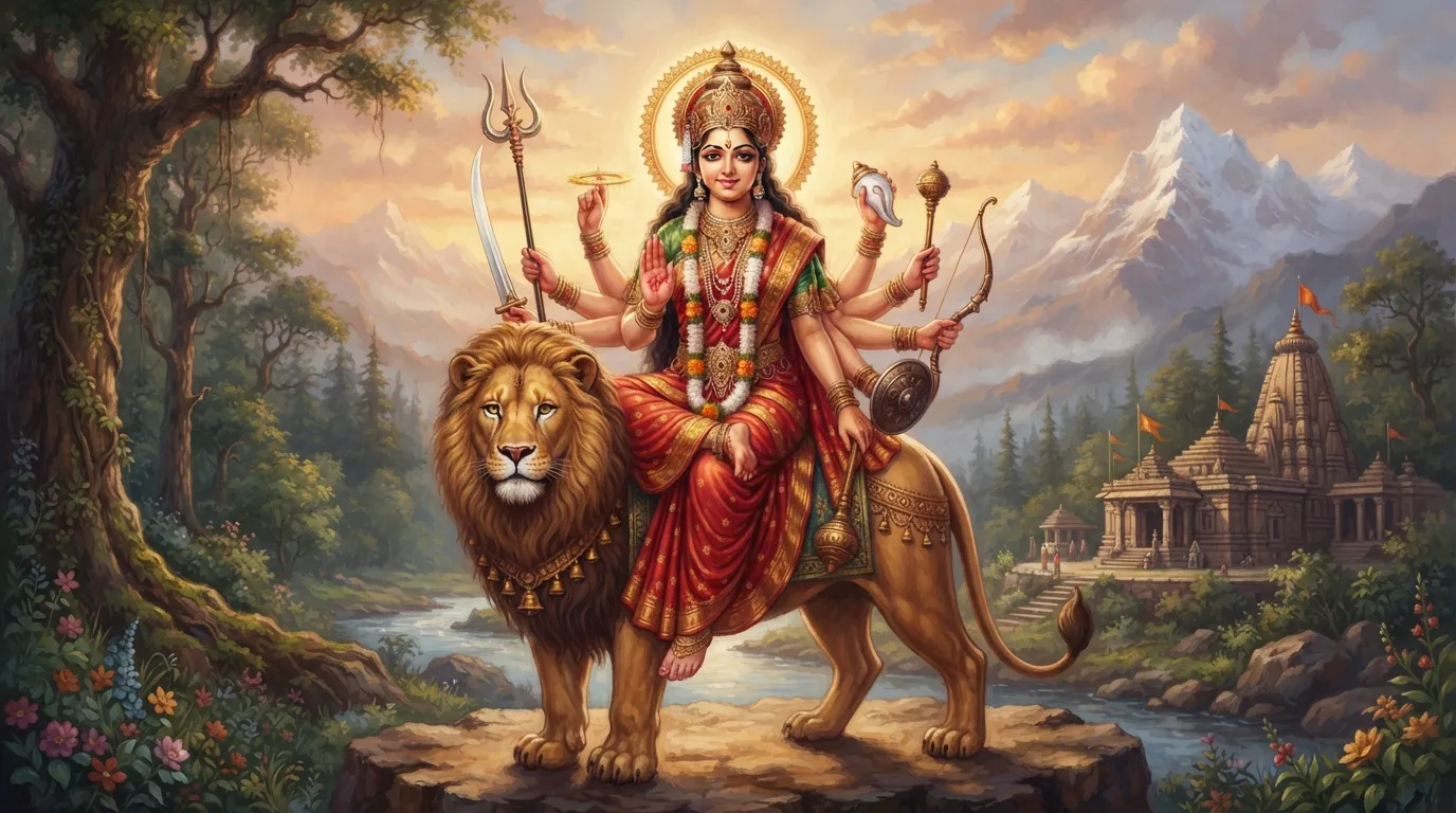 एक शांत और दिव्य माँ दुर्गा अपने भव्य शेर पर बैठी हैं, उनका एक हाथ आशीर्वाद मुद्रा में है और दूसरे हाथों में अस्त्र हैं। शेर शांत भाव से आगे देख रहा है।