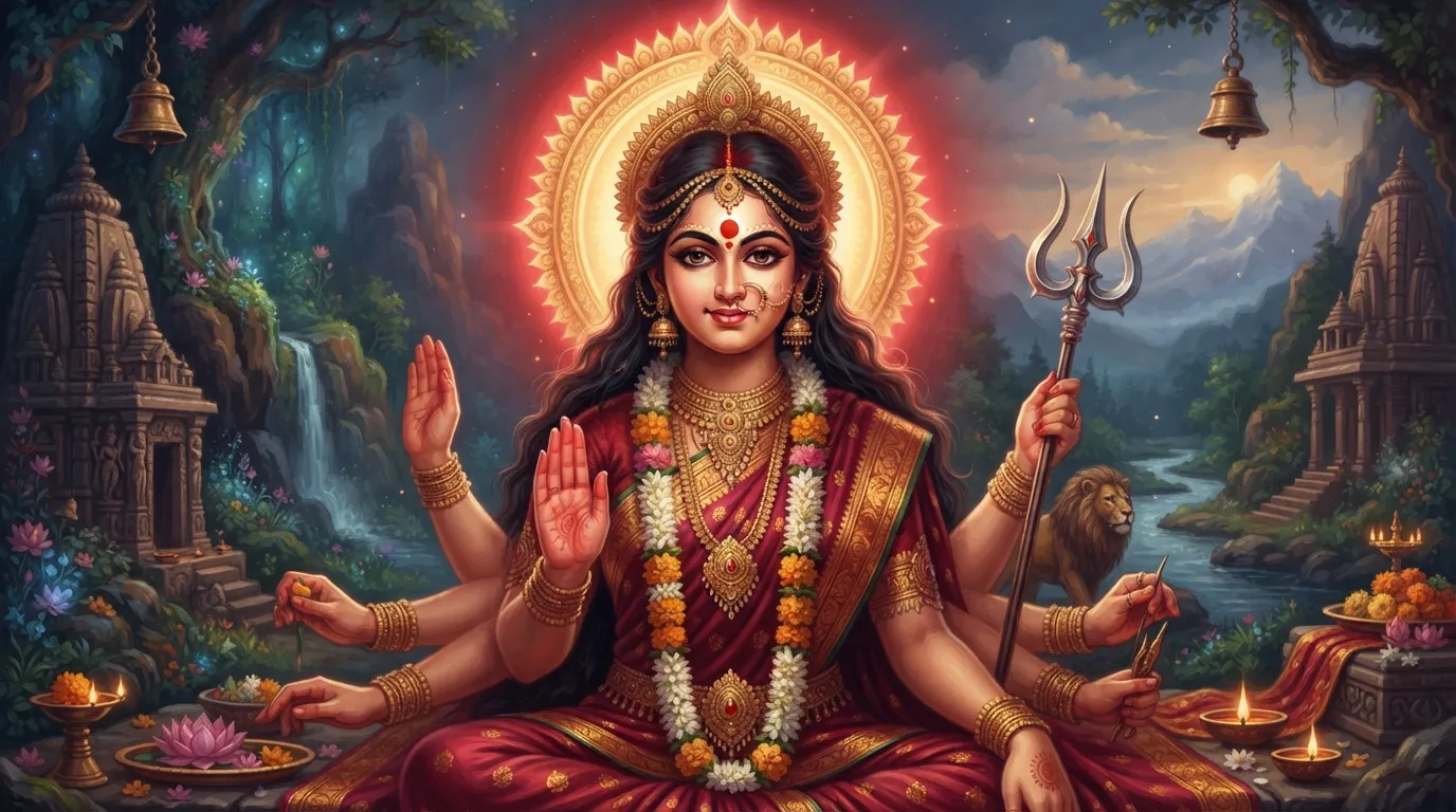 माँ दुर्गा का सौम्य पर शक्तिशाली चेहरा, उनकी लाल साड़ी और बड़ी-सी लाल बिंदी पर फोकस हो। उनके पीछे एक दिव्य लाल आभा हो।