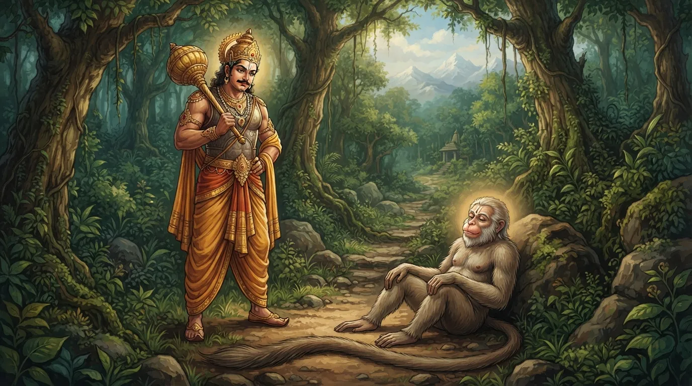 भीम एक घने जंगल के रास्ते पर खड़े हैं और उनके सामने एक बूढ़ा, कमजोर वानर लेटा हुआ है जिसकी पूँछ रास्ते में फैली है। भीम के चेहरे पर अधीरता और अहंकार का भाव है।