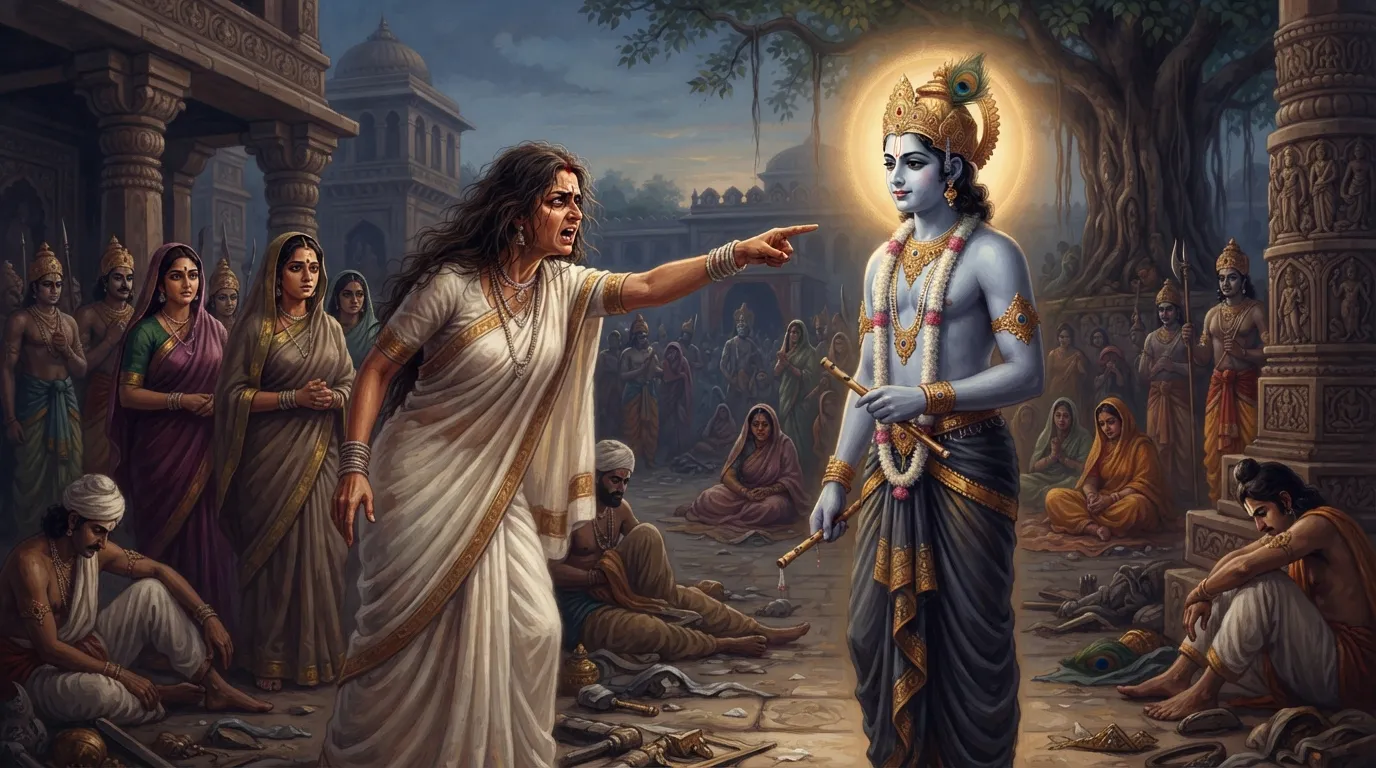 हस्तिनापुर के शोकग्रस्त माहौल में गांधारी अपनी उंगली उठाकर क्रोध में श्रीकृष्ण को श्राप दे रही हैं। श्रीकृष्ण शांत और सौम्य भाव से उन्हें देख रहे हैं।