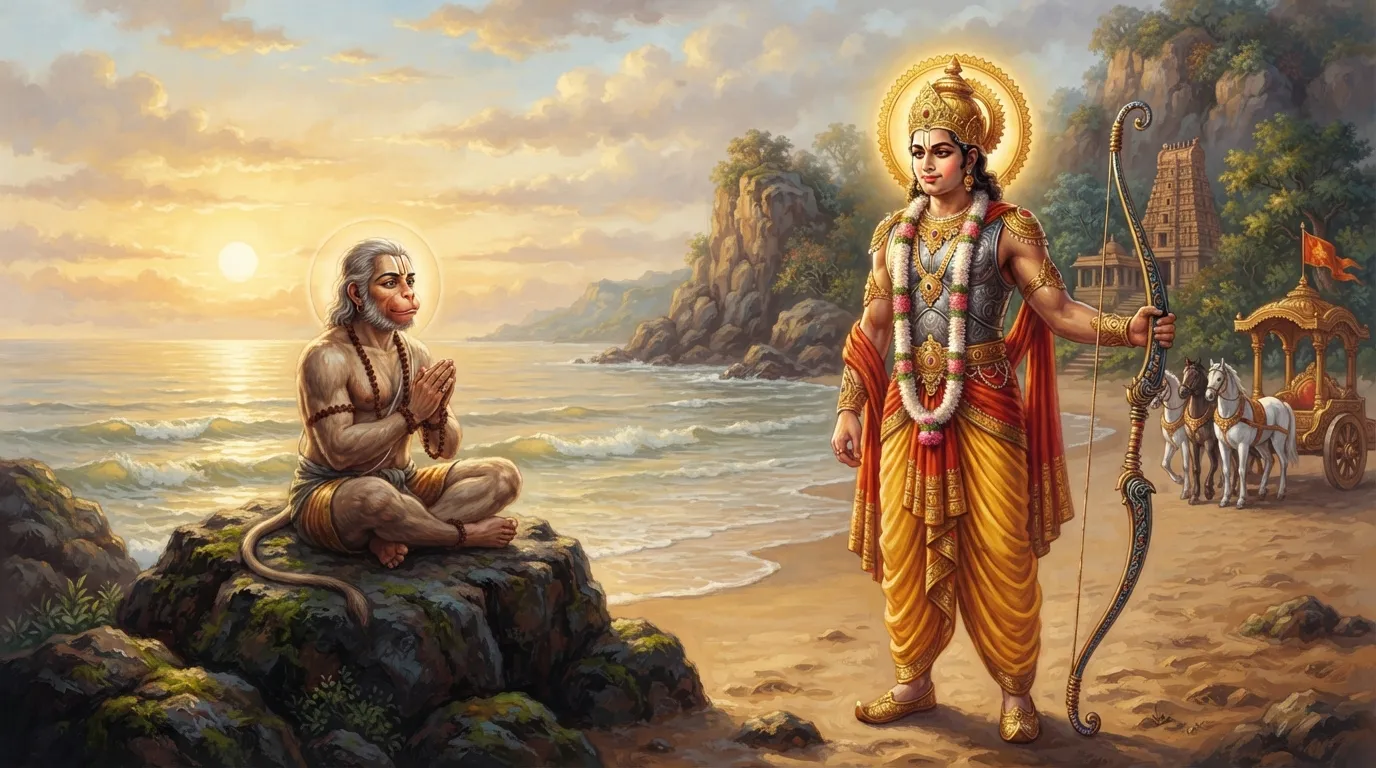 शांत समुद्र तट पर अर्जुन अपने गांडीव धनुष को देखकर अभिमान से सोच रहे हैं। पास ही एक चट्टान पर एक साधारण बूढ़ा वानर बैठा उन्हें देख रहा है।