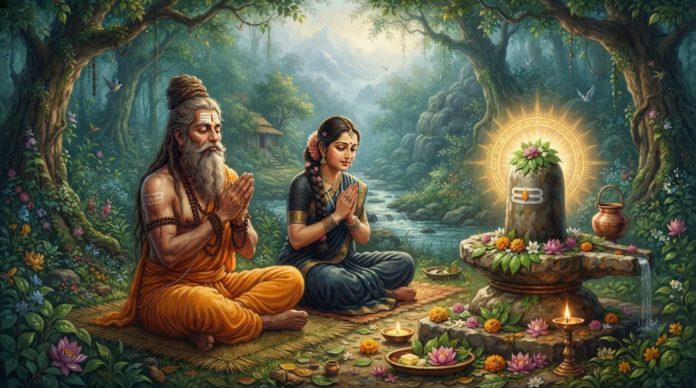 ऋषि मृकण्डु और मरुद्वती एक शांत जंगल में शिवलिंग के सामने हाथ जोड़कर तपस्या कर रहे हैं। उनके चेहरे पर गहरी भक्ति और उम्मीद का भाव है।