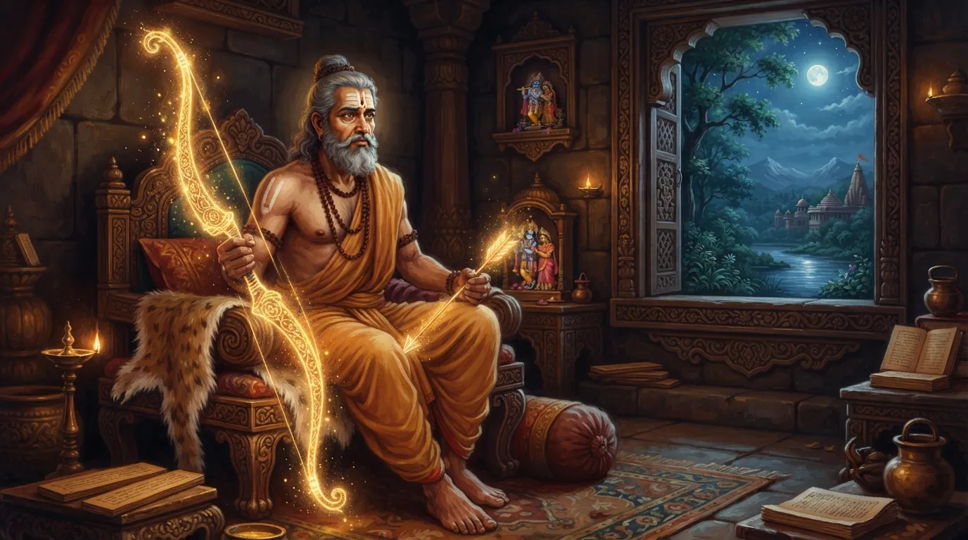 महात्मा विदुर अपने कक्ष में चिंतित अवस्था में बैठे हैं। उनके हाथ में एक दिव्य, चमकता हुआ धनुष है और उनकी आँखों में भविष्य की चिंता साफ़ दिख रही है।