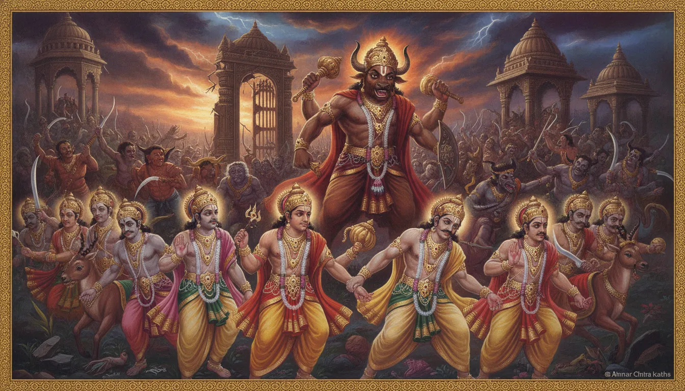 स्वर्गलोक से निराश होकर भागते हुए देवता, उनके पीछे महिषासुर अपनी विशाल सेना के साथ विजयी मुद्रा में हंस रहा है
