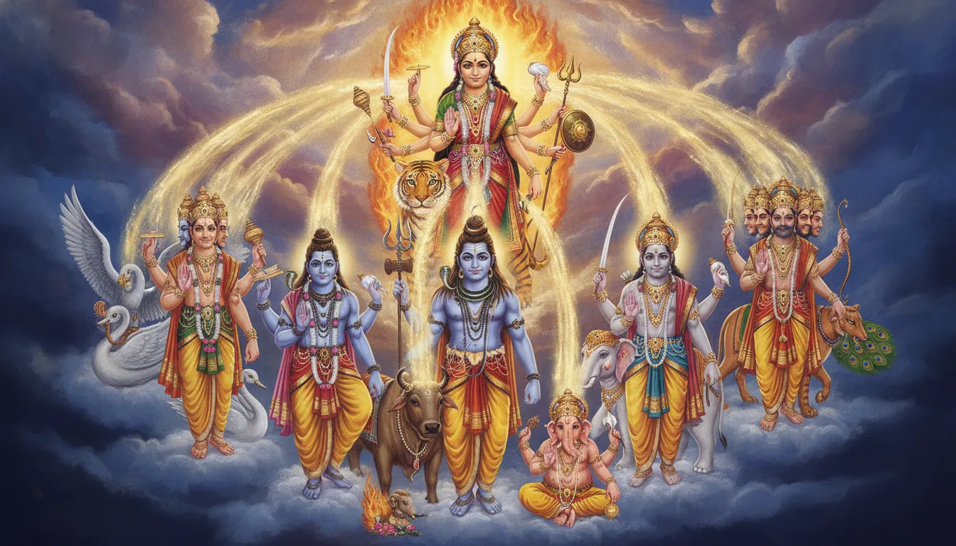 सभी प्रमुख देवताओं के शरीर से निकलती हुई तीव्र ऊर्जा और प्रकाश, जो आकाश में मिलकर एक स्त्री स्वरूप ले रहा है