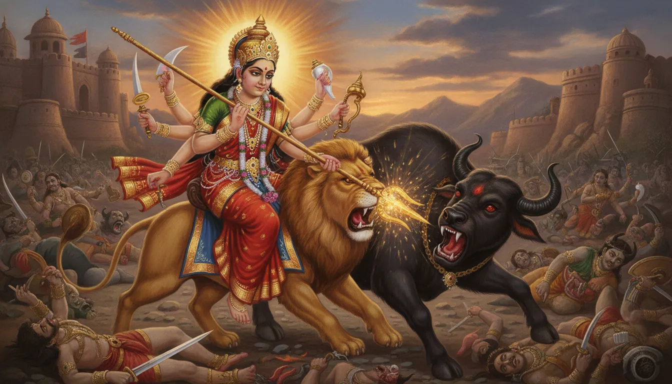 माँ दुर्गा अपनी सिंह पर सवार होकर, त्रिशूल से महिषासुर के भैंसे के स्वरूप पर वार कर रही हैं, युद्ध भूमि में राक्षस सैनिक गिरे हुए हैं