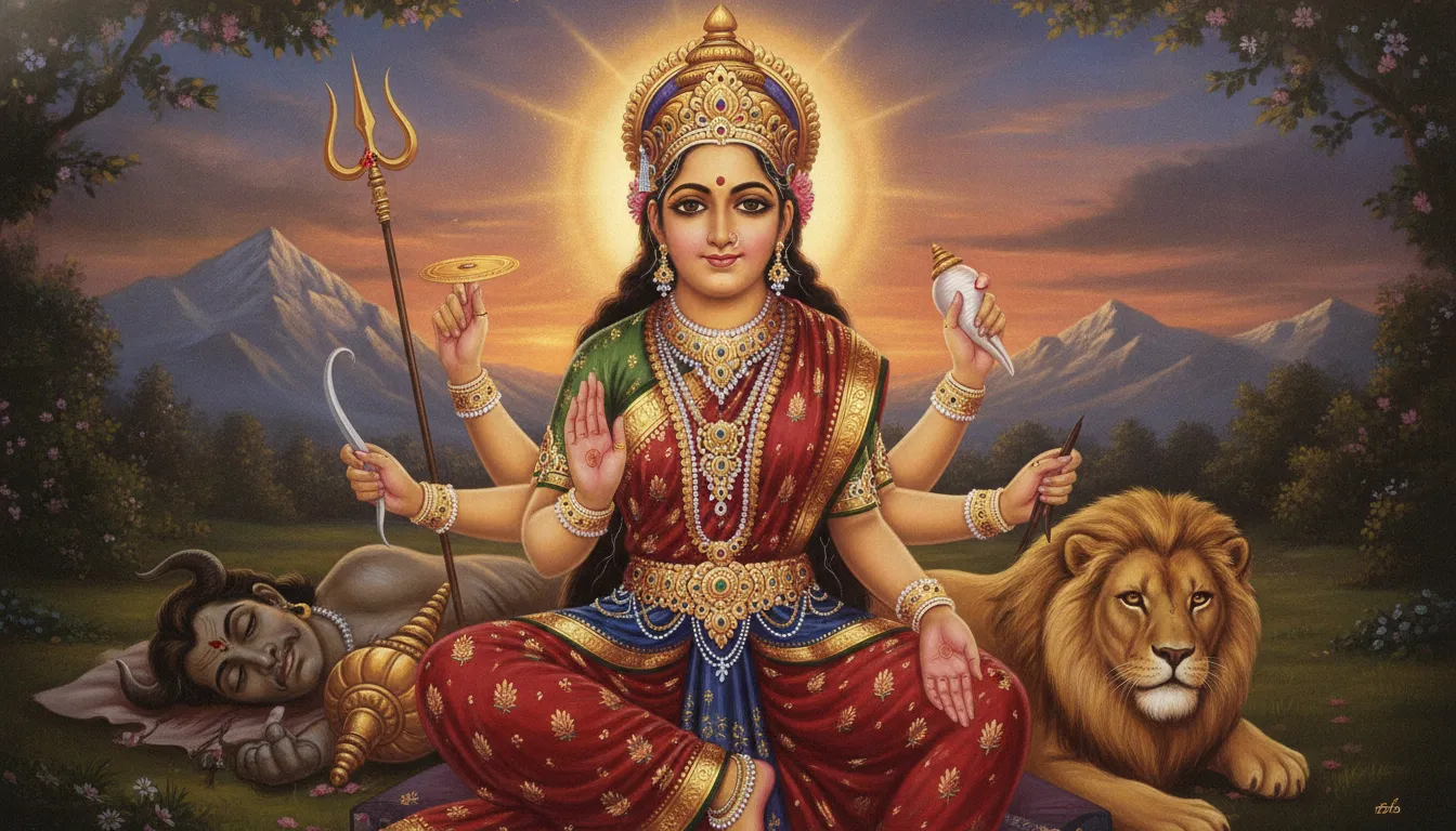 महिषासुर को परास्त करने के बाद एक शांत और करुणामयी मुद्रा में बैठी हुई माँ दुर्गा, उनके चेहरे पर विजयी मुस्कान और शांति का भाव है