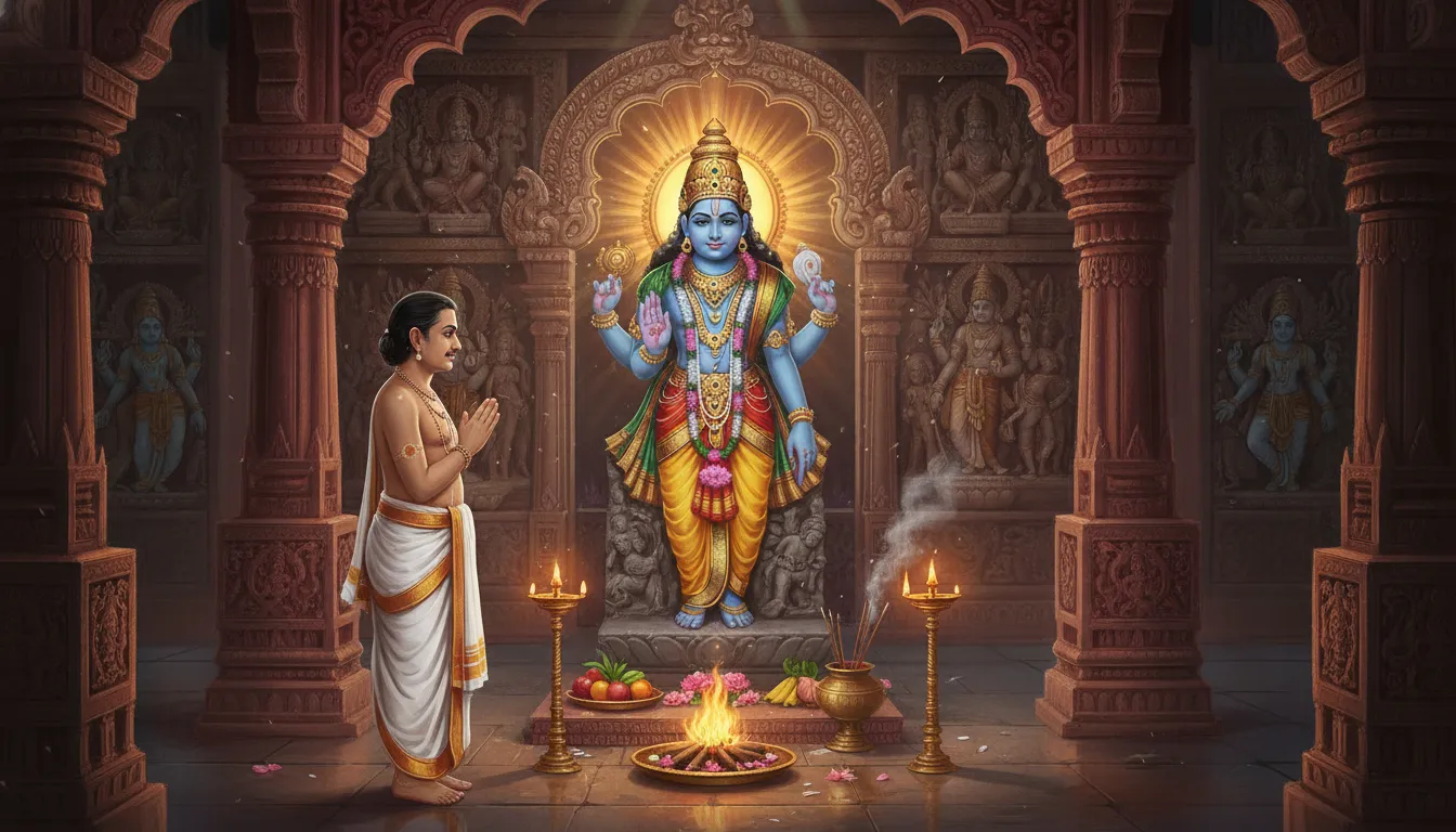एक प्राचीन भारतीय मंदिर का विस्तृत आंतरिक दृश्य, जिसमें गर्भगृह और उसकी कलात्मक बनावट स्पष्ट दिख रही है, जहाँ एक पुजारी मूर्ति के सामने पूजा कर रहा है।
