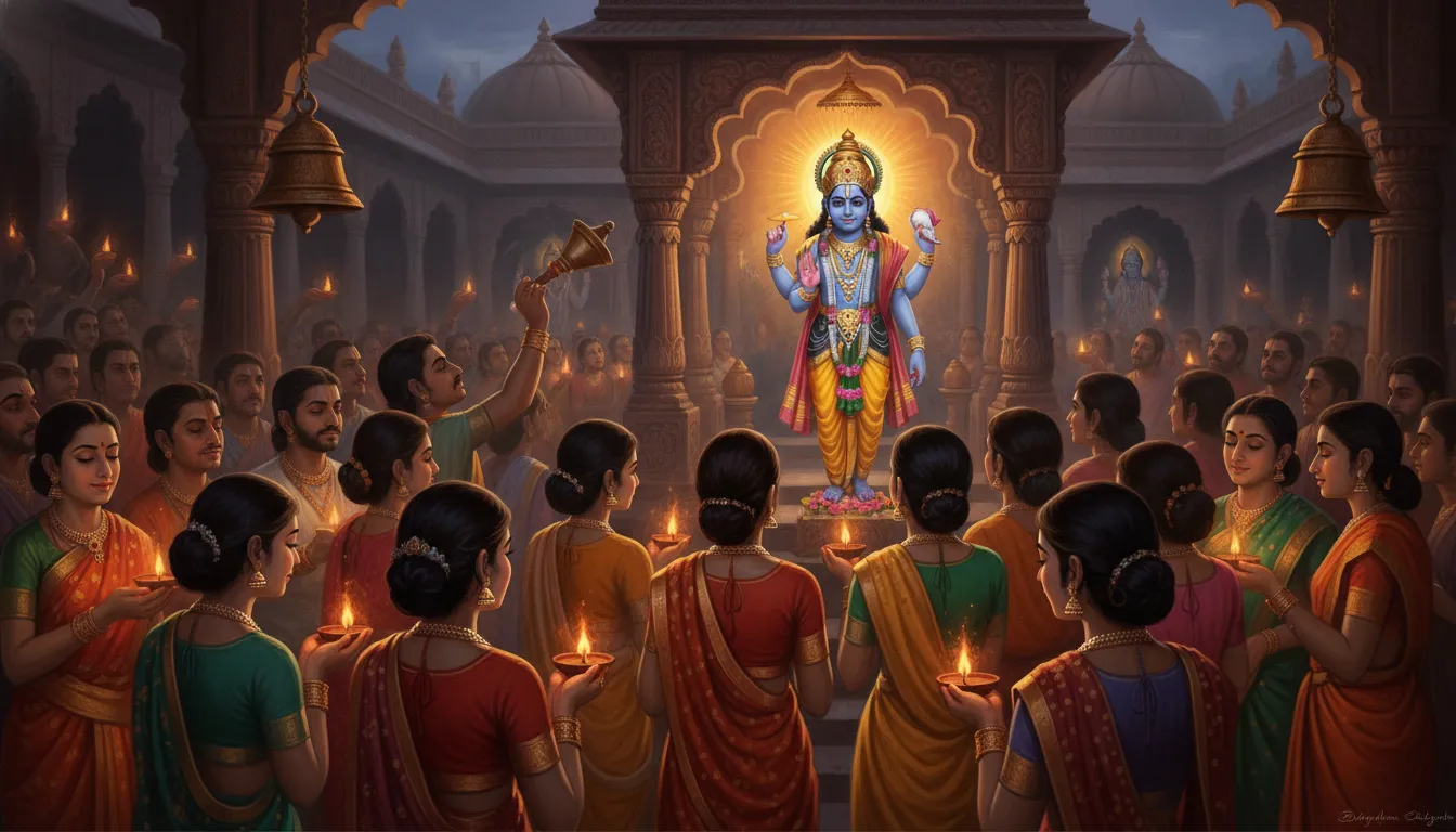 मंदिर के प्रांगण में कई श्रद्धालु एक साथ आरती गाते हुए, उनके चेहरों पर भक्ति और एकजुटता का भाव है, हाथ में जलते दीपक और मंदिर की घंटियाँ भी दिख रही हैं।