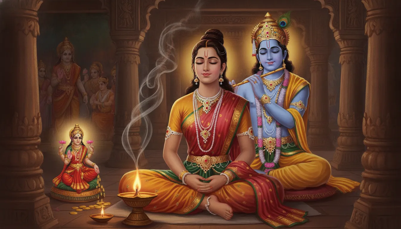एक भक्त शांति से आँखें बंद किए हुए ध्यान कर रहा है, उसके पास जलता हुआ दीपक और अगरबत्ती से निकलता सुगंधित धुआँ दिख रहा है, उसके चेहरे पर गहरा सुकून है।