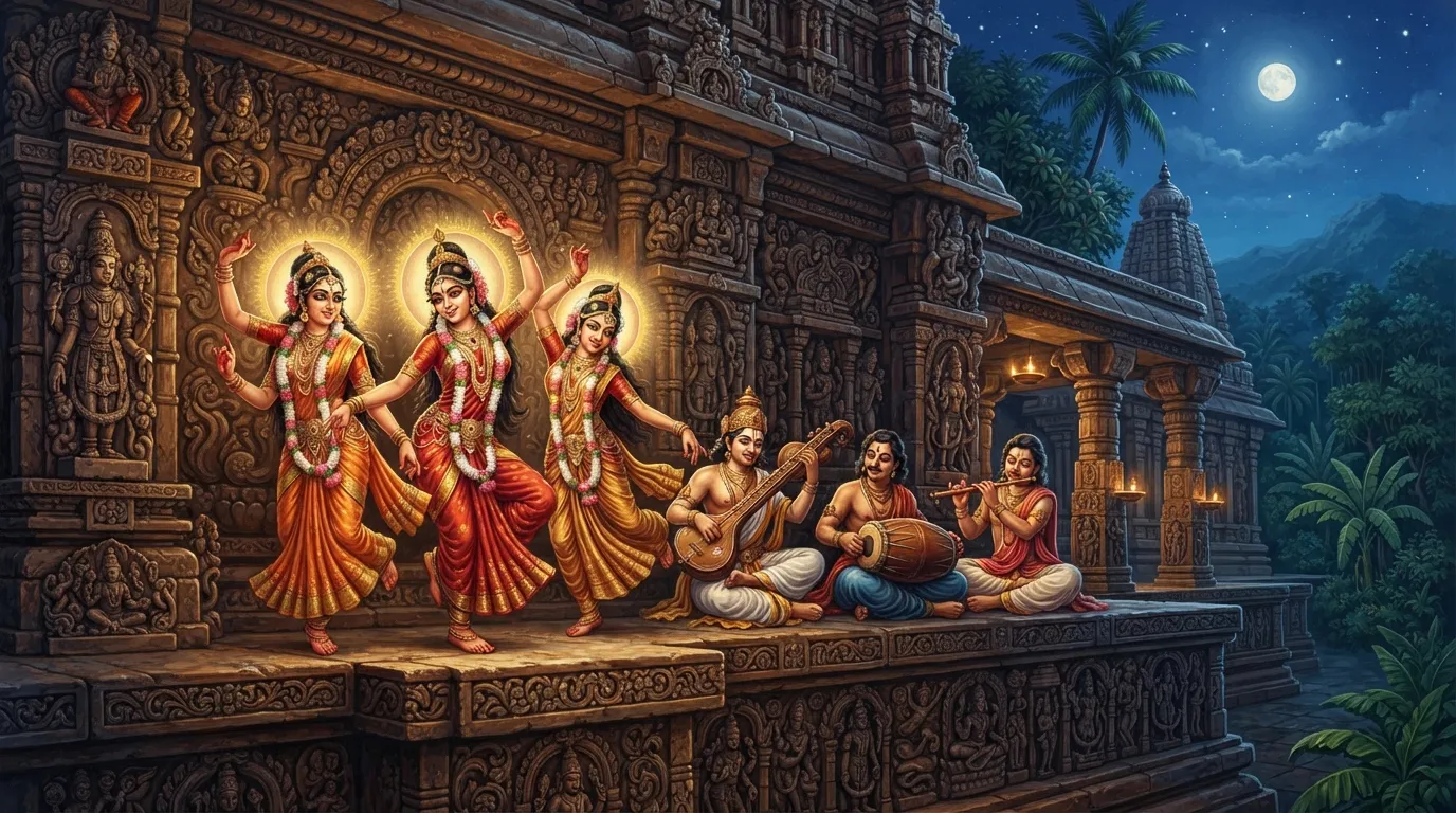 एक प्राचीन पत्थर के मंदिर की बाहरी दीवार का क्लोज-अप, जिस पर अप्सराएँ नृत्य कर रही हैं और गंधर्व संगीत बजा रहे हैं।