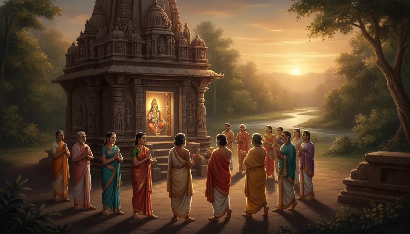 एक शांत और प्राचीन मंदिर के गर्भगृह के चारों ओर परिक्रमा करते हुए कुछ भक्तों का समूह, उनके चेहरे पर गहरी श्रद्धा और शांति का भाव स्पष्ट दिख रहा है।