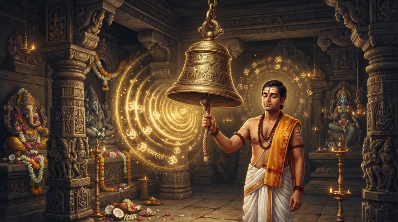 एक व्यक्ति का हाथ जो मंदिर की एक बड़ी, नक्काशीदार पीतल की घंटी बजा रहा है। घंटी से निकलती हुई ध्वनि तरंगों को सुनहरे प्रकाश के रूप में दिखाया गया है, जो एक शांत और ध्यानपूर्ण वातावरण बना रहा है।