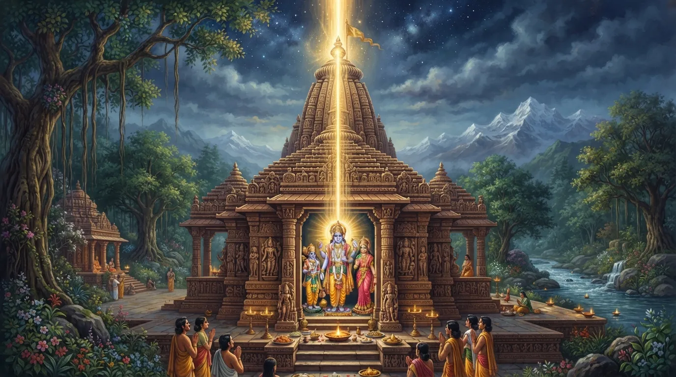 एक मंदिर की संरचना का सुंदर चित्रण, जिसमें आकाश से दिव्य ऊर्जा की किरणें शिखर और कलश से होते हुए सीधे नीचे गर्भ गृह में रखी मूर्ति पर केंद्रित हो रही हैं।