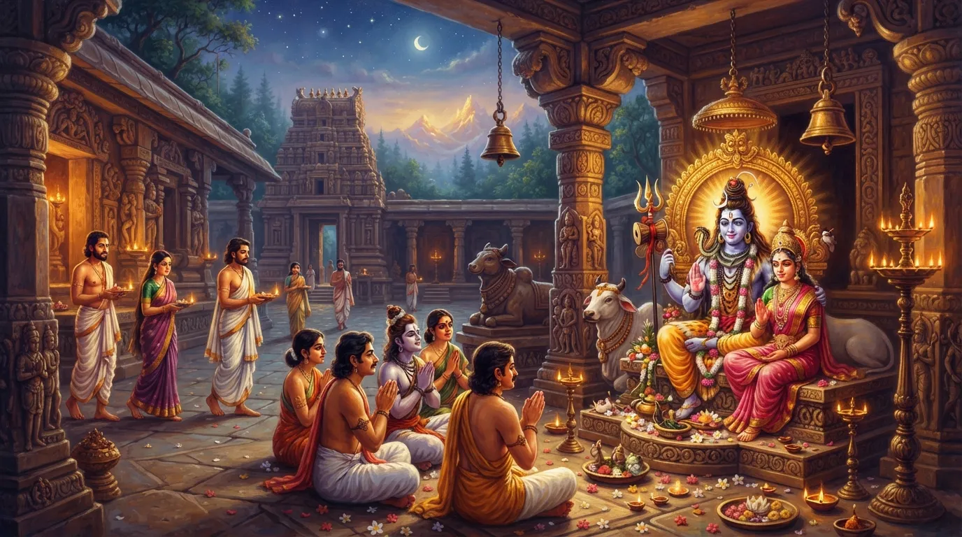 एक शांत मंदिर का प्रांगण, जिसमें कुछ भक्त हाथ जोड़े प्रार्थना कर रहे हैं और कुछ धीरे-धीरे बाहर की ओर जा रहे हैं। माहौल भक्तिमय और शांत है।