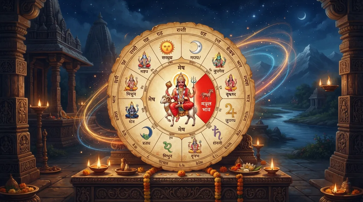 एक ज्योतिषीय जन्म कुंडली का क्लोज-अप, जिसमें मंगल ग्रह को सातवें घर (विवाह भाव) में लाल रंग से दर्शाया गया है। चार्ट के चारों ओर सूक्ष्म ब्रह्मांडीय ऊर्जा की लकीरें हैं और पृष्ठभूमि शांत है।