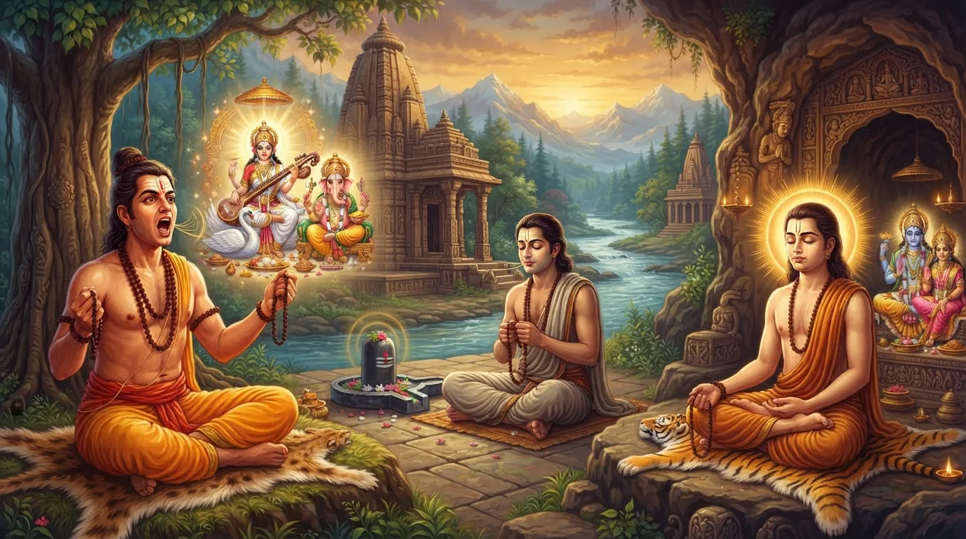 एक चित्र जिसमें तीन चरण दिखाए गए हों। बाईं ओर एक व्यक्ति मुख खोलकर जाप कर रहा है (वैखरी), बीच में एक व्यक्ति होंठ हिलाते हुए फुसफुसा रहा है (उपांशु), और दाईं ओर एक व्यक्ति आँखें बंद किए शांत बैठा है, जिसके सिर के चारों ओर एक हल्का प्रभामंडल है (मानस)।