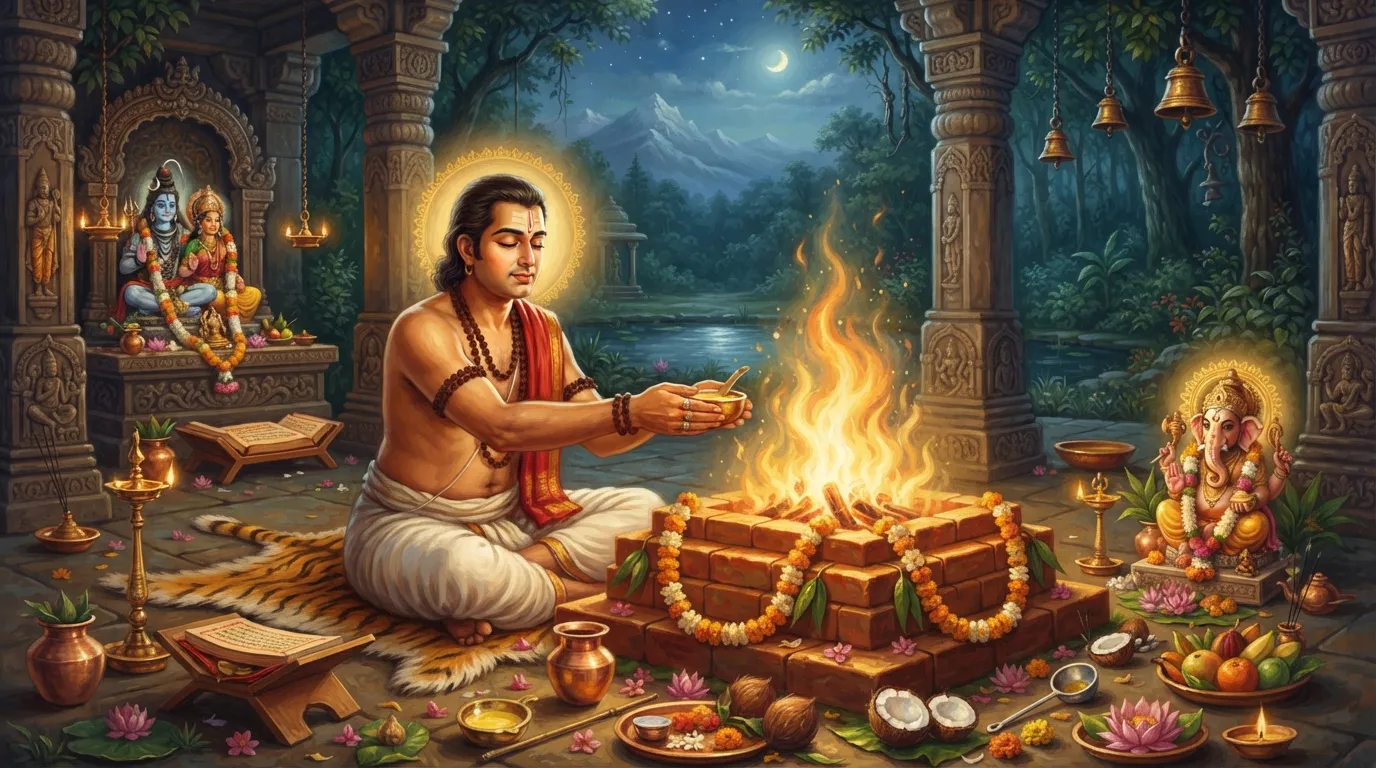 एक पवित्र हवन कुंड का शांत दृश्य, जिसमें से सुनहरी लपटें उठ रही हैं। पास में पूजा की सामग्री रखी है और एक व्यक्ति हाथ में आहुति लेकर अग्नि को अर्पित कर रहा है। माहौल भक्तिपूर्ण और शांत है।