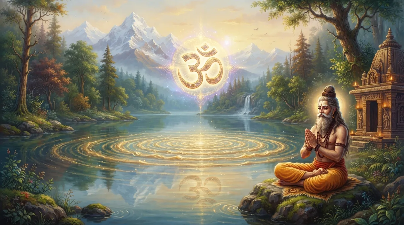 एक शांत झील के ऊपर 'ॐ' का प्रतीक हवा में तैरता हुआ, जिससे पानी में सुनहरी लहरें उठ रही हैं, जो ध्वनि के कंपन को दर्शाती हैं।
