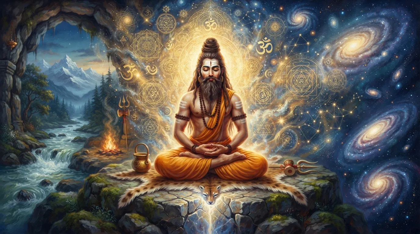 एक शांत, ध्यानमग्न व्यक्ति की छवि जिसके चारों ओर का संसार धीरे-धीरे प्रकाश और ज्यामितीय पैटर्न में घुल रहा है, यह दर्शाता है कि भौतिक दुनिया एक भ्रम है और चेतना ही परम सत्य है।