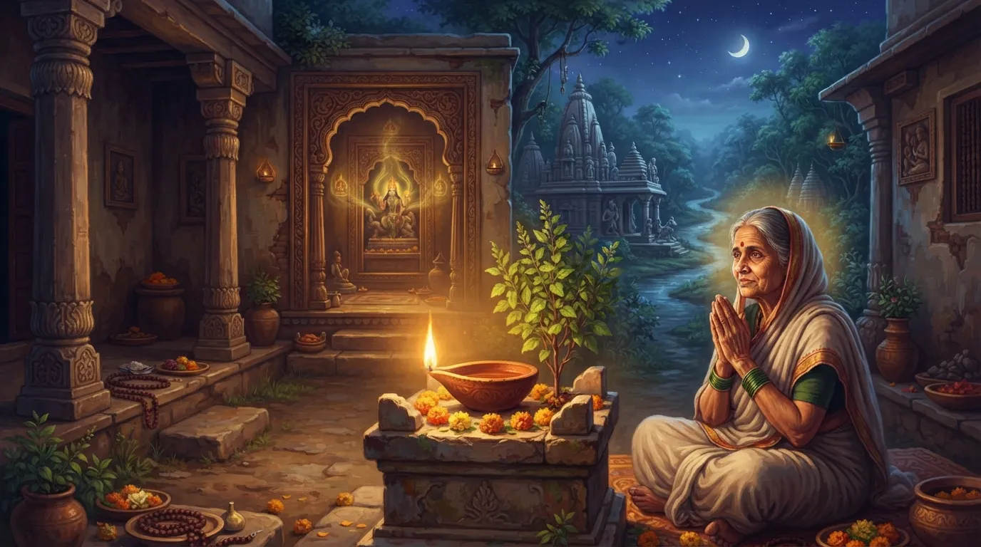 एक शांत भारतीय घर के आँगन में जलता हुआ मिट्टी का दीपक और संध्या का शांत आध्यात्मिक वातावरण