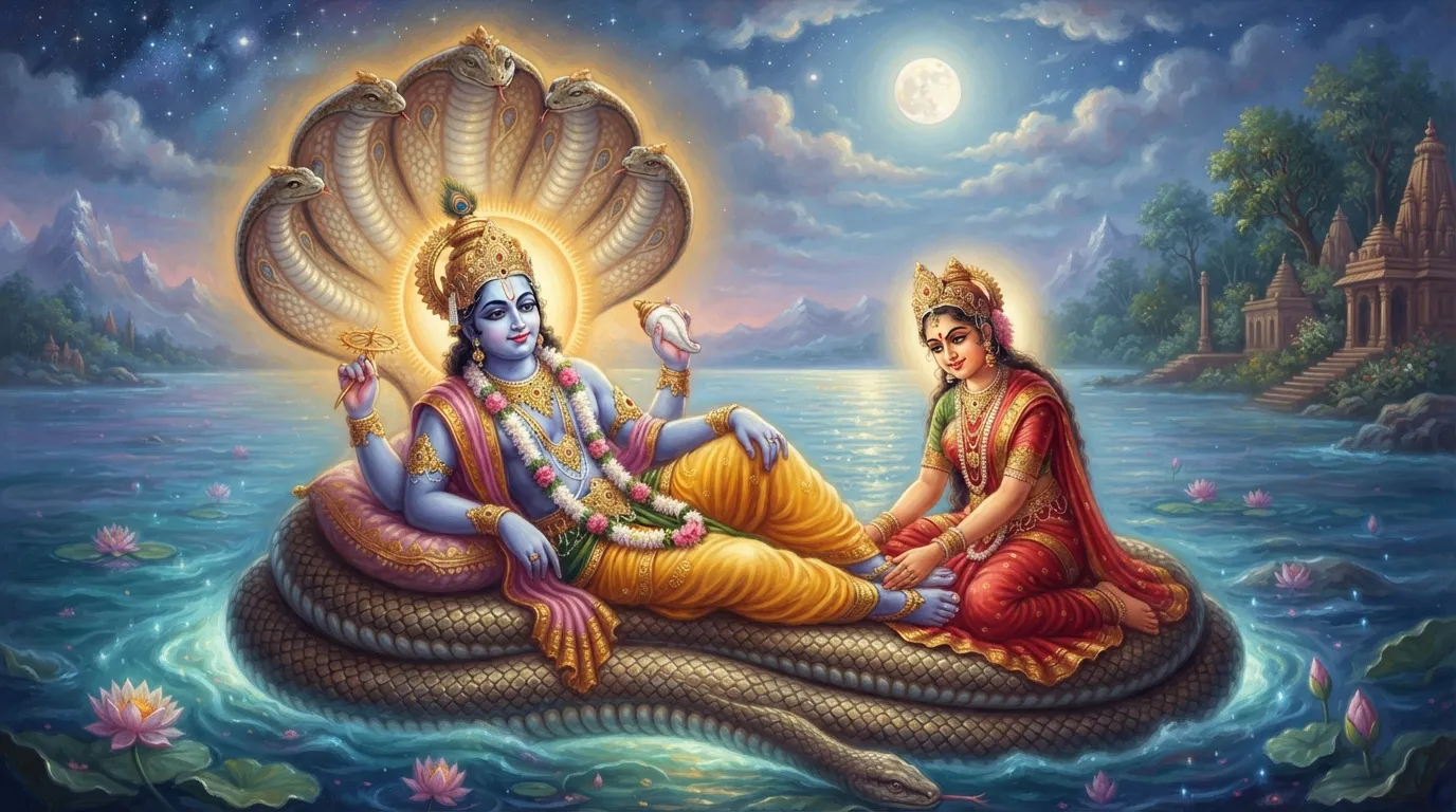 भगवान विष्णु शांत भाव से क्षीरसागर में विशालकाय शेषनाग की शैय्या पर लेटे हुए हैं। माँ लक्ष्मी उनके चरण दबा रही हैं। दृश्य में स्थिरता और दिव्यता का भाव है।