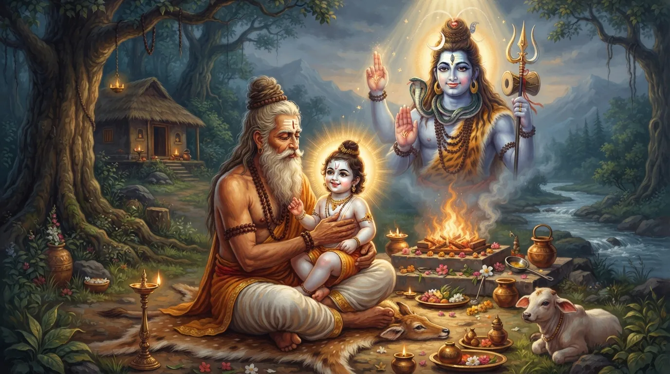 एक शांत और पवित्र यज्ञ भूमि, जहाँ ऋषि शिलाद अपनी गोद में एक दिव्य बालक को लिए हुए हैं। बालक के चेहरे पर अद्भुत तेज है और पीछे भगवान शिव की धुंधली सी छवि दिख रही है, जैसे वे आशीर्वाद दे रहे हों।