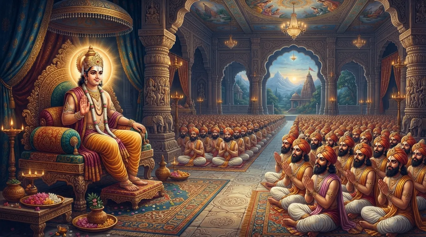 प्रजापति दक्ष अपने दस हज़ार तेजस्वी पुत्रों (हर्यश्व) को सृष्टि विस्तार का आदेश दे रहे हैं। पुत्रगण हाथ जोड़े विनम्रता से सुन रहे हैं। दृश्य एक राजसी महल का है।