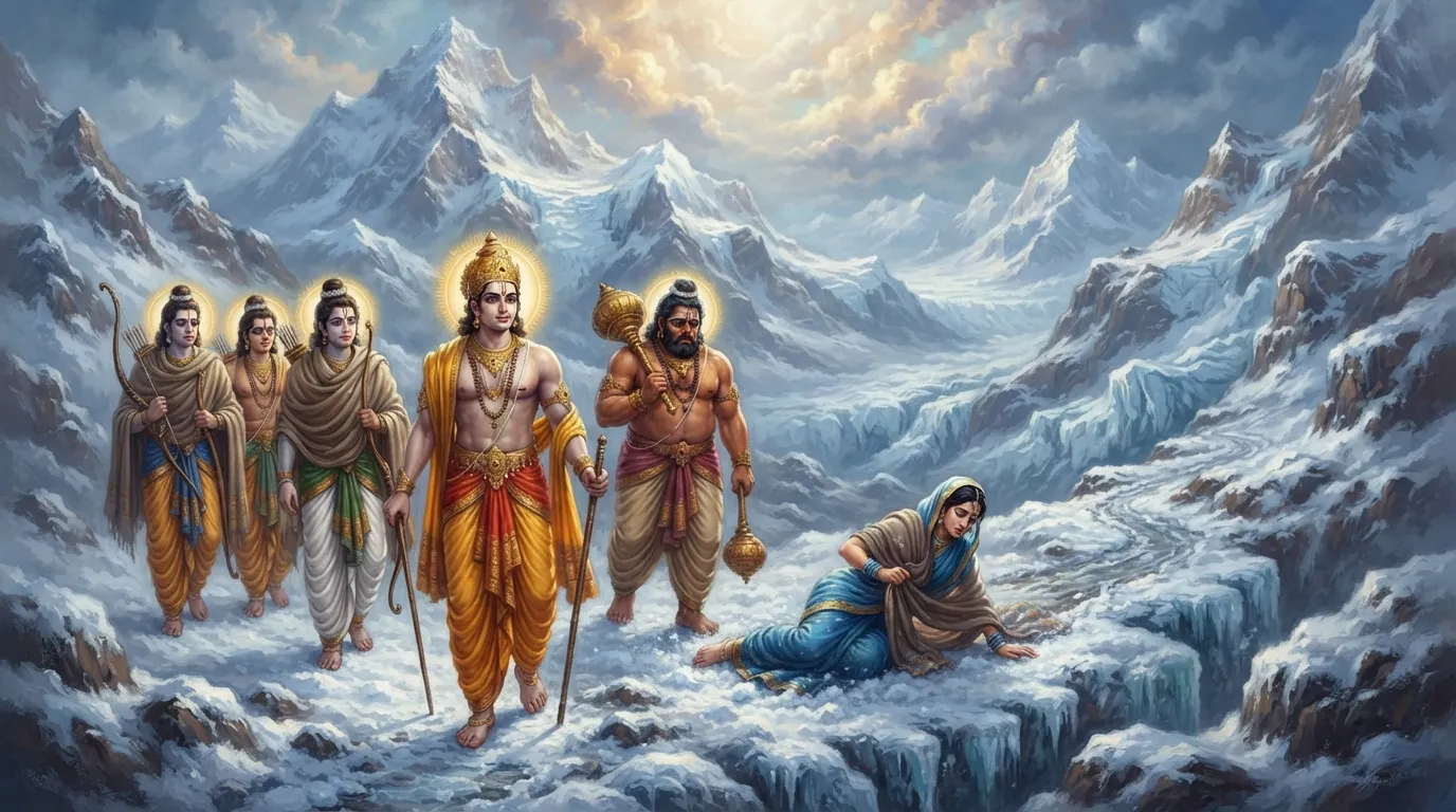 हिमालय की बर्फीली ढलानों पर पांडव चल रहे हैं, और द्रौपदी लड़खड़ाकर गिर रही हैं। पीछे उदास भीम और अन्य भाई देख रहे हैं, जबकि युधिष्ठिर आगे बढ़ते जा रहे हैं।