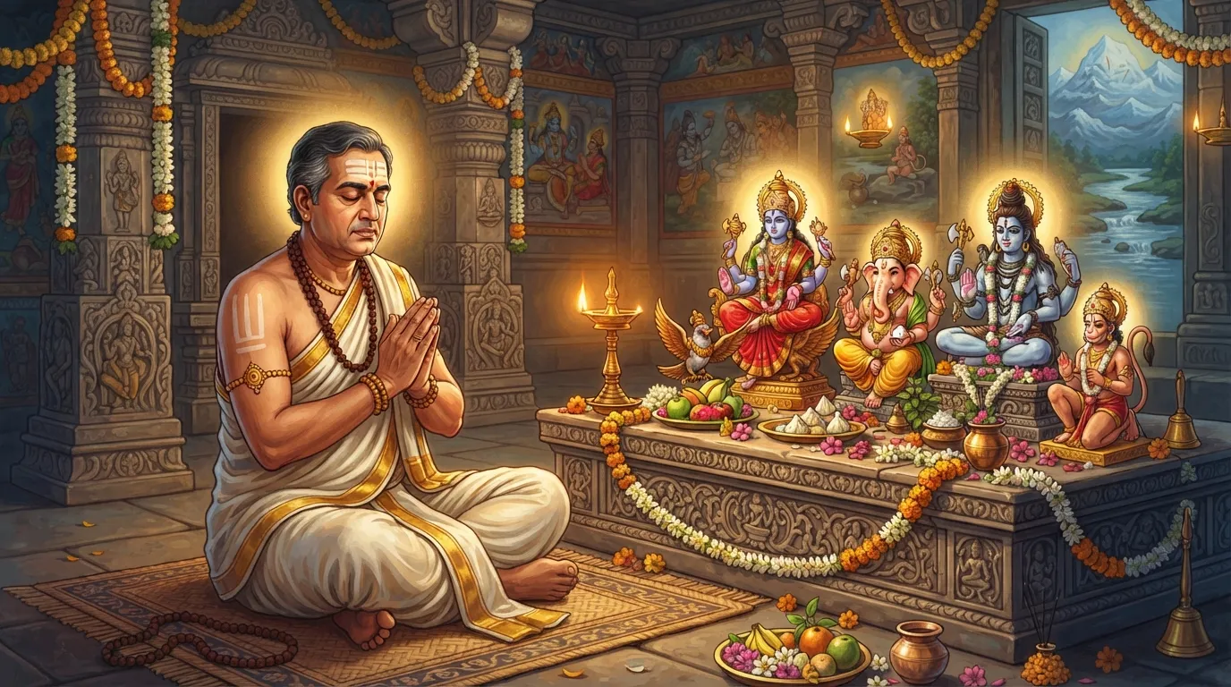 एक घर का शांत पूजाघर। एक व्यक्ति पूजा समाप्त करके हाथ जोड़े बैठा है, चेहरे पर थोड़ी चिंता और भक्ति का मिला-जुला भाव है। सामने जलता हुआ दीया और भगवान की छोटी मूर्तियां हैं।