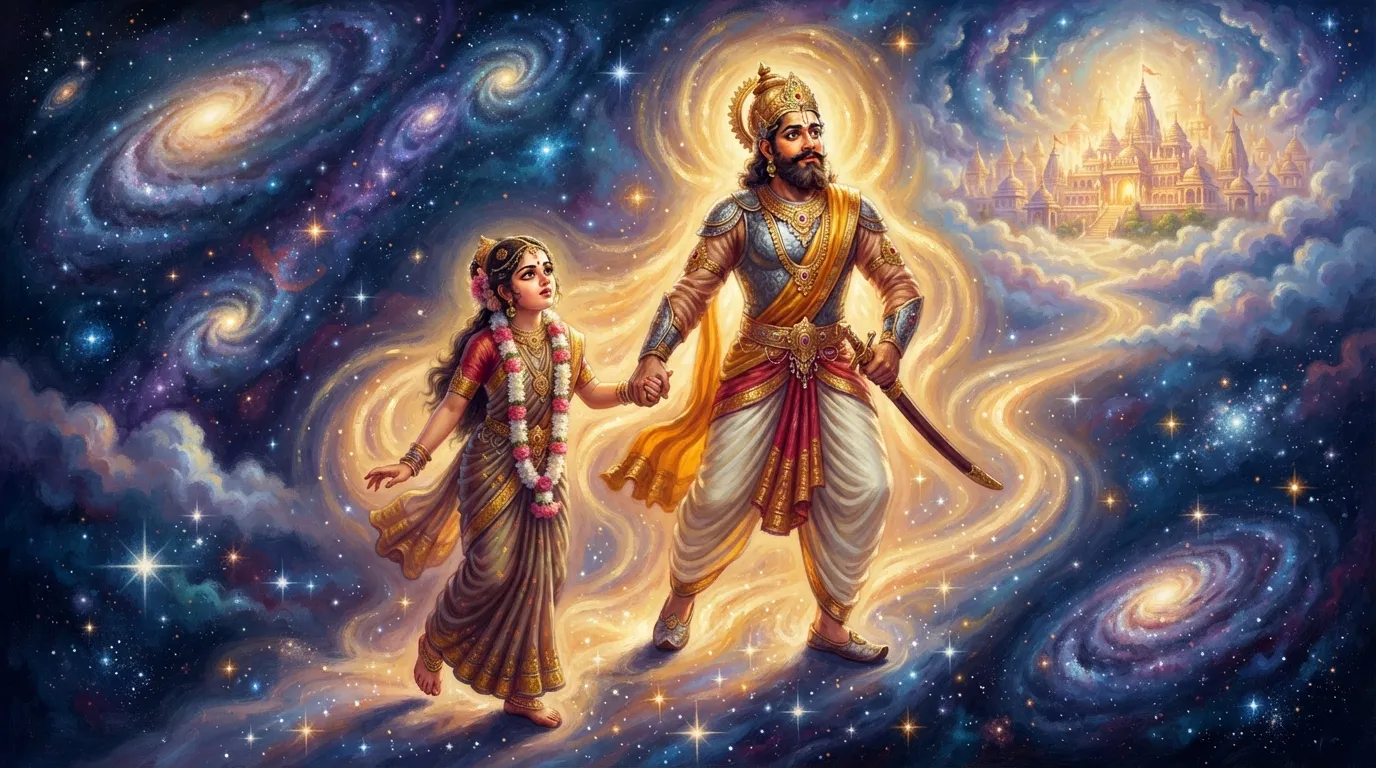 राजा ककुद्मी अपनी बेटी रेवती का हाथ पकड़कर ब्रह्मलोक की ओर दिव्य प्रकाश में यात्रा कर रहे हैं। उनके चेहरे पर आशा और चिंता के मिले-जुले भाव हैं। पृष्ठभूमि में ब्रह्मांडीय आकाशगंगाएं और तारे हैं।