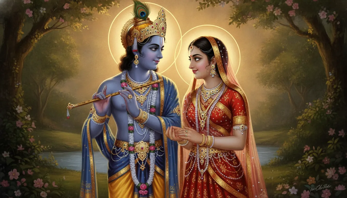 राधा और कृष्ण एक-दूसरे को गहरी श्रद्धा और प्रेम से देखते हुए, उनके चारों ओर एक कोमल, दिव्य प्रकाश फैला हुआ है।