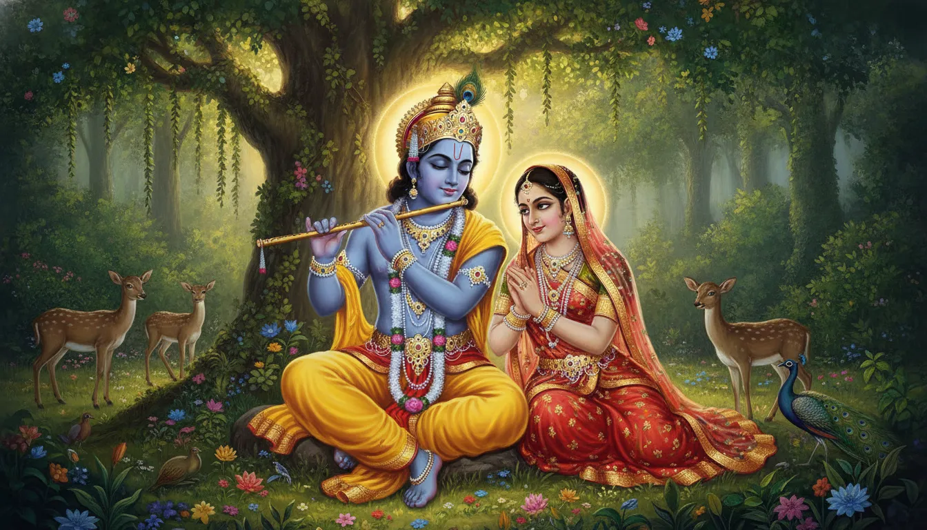 भगवान कृष्ण एक सुंदर जंगल में अपनी बांसुरी बजा रहे हैं, राधा उनके पास एकाग्रता से सुन रही हैं, वातावरण शांतिपूर्ण और प्रेममय है।