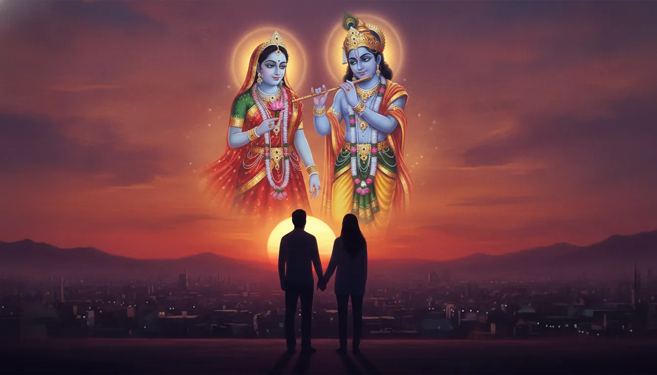 एक मॉडर्न जोड़े की छाया, जो हाथों में हाथ डाले सूर्यास्त की ओर देख रहे हैं, उनके ऊपर राधा-कृष्ण की हल्की छवि दिख रही है, जो आधुनिक प्रेम में आध्यात्मिक गहराई का प्रतीक है।