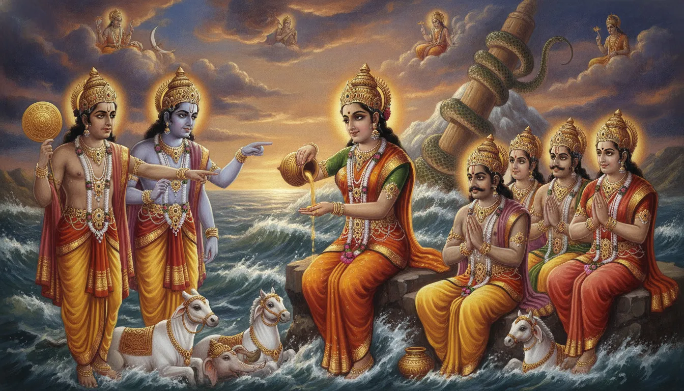 समुद्र मंथन का दिव्य दृश्य। बीच में सुंदर मोहिनी रूप में भगवान विष्णु सोने के कलश से देवताओं को अमृत पिला रहे हैं। देवताओं की पंक्ति में एक असुर स्वरभानु भेष बदलकर बैठा है। सूर्य और चंद्र देव उसकी ओर इशारा करके मोहिनी को सचेत कर रहे हैं। माहौल में एक रहस्य और तनाव है।