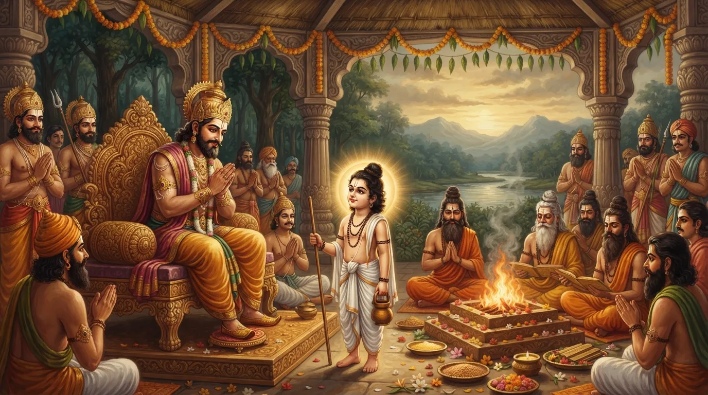 राजा बलि अपने भव्य यज्ञ मंडप में सिंहासन पर बैठे हैं और सामने एक छोटे, तेजस्वी ब्राह्मण बालक वामन को आदर से देख रहे हैं। आस-पास ऋषि-मुनि और यज्ञ की अग्नि की लपटें हैं।