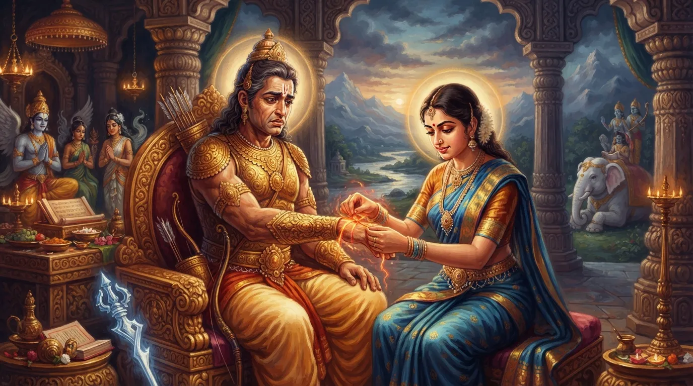 रानी इंद्राणी अपने पति, देवराज इंद्र की कलाई पर एक पवित्र, चमकता हुआ धागा बांध रही हैं। इंद्र युद्ध के कवच और शस्त्रों से सुसज्जित हैं, और उनके चेहरे पर चिंता की लकीरें हैं, जबकि इंद्राणी के चेहरे पर पूर्ण विश्वास और प्रार्थना का भाव है। आस-पास का वातावरण दिव्य और गंभीर है।