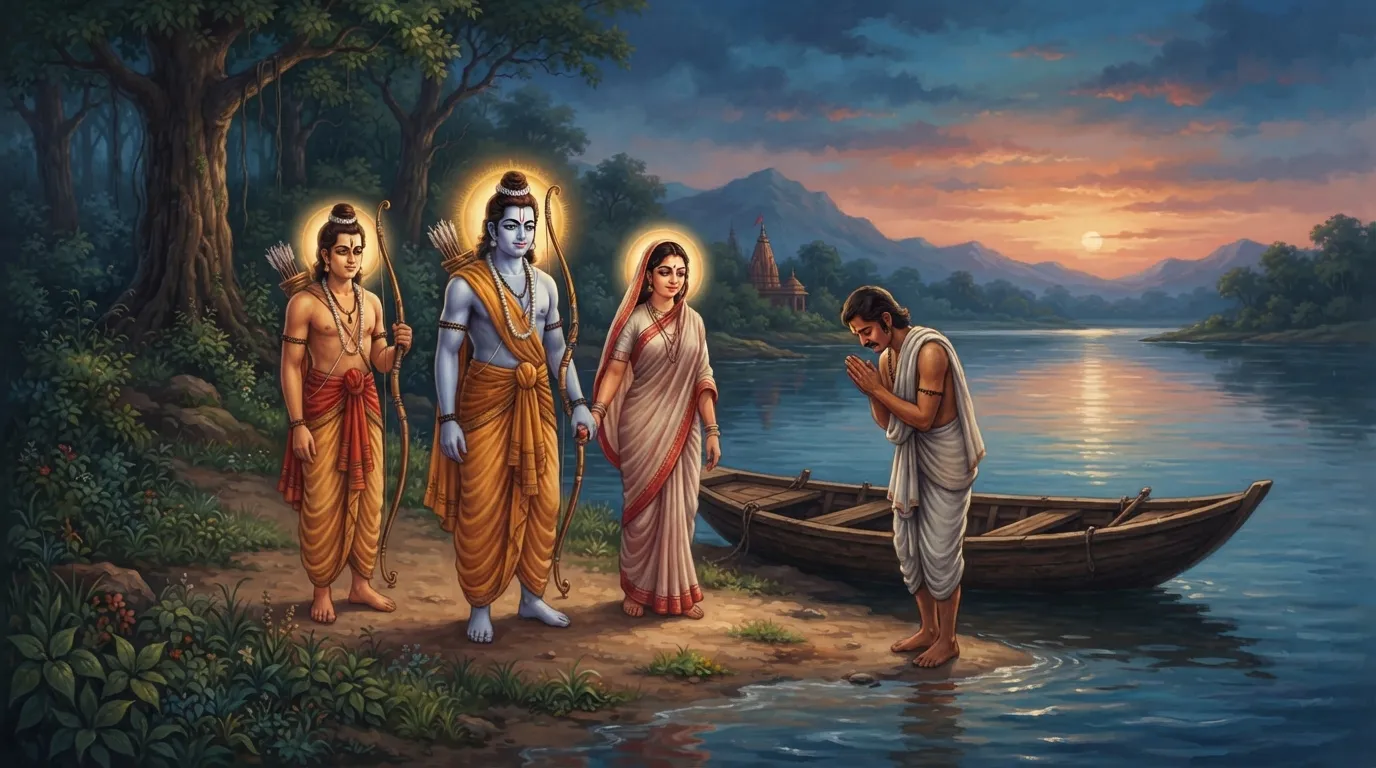 भगवान राम, माता सीता और लक्ष्मण वनवासी वेश में गंगा नदी के किनारे खड़े हैं। सामने एक साधारण केवट अपनी नाव के पास हाथ जोड़े खड़ा है। नदी शांत है और शाम का हल्का प्रकाश है।