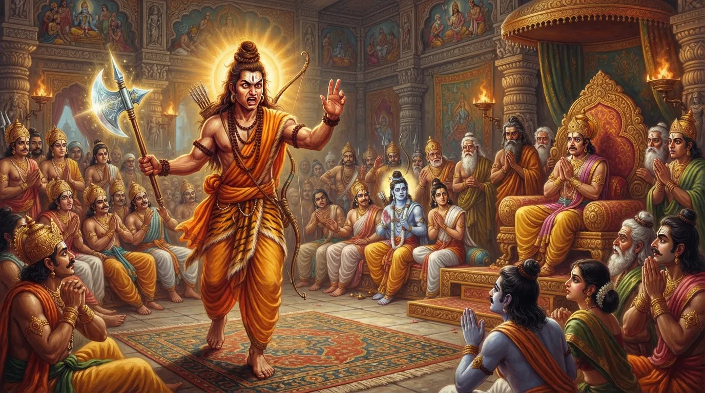 भगवान परशुराम क्रोध में जनक के दरबार में प्रवेश करते हुए, उनके हाथ में दिव्य फरसा है और चारों ओर भय का माहौल है। राजा जनक और अन्य राजा डरे हुए दिख रहे हैं।