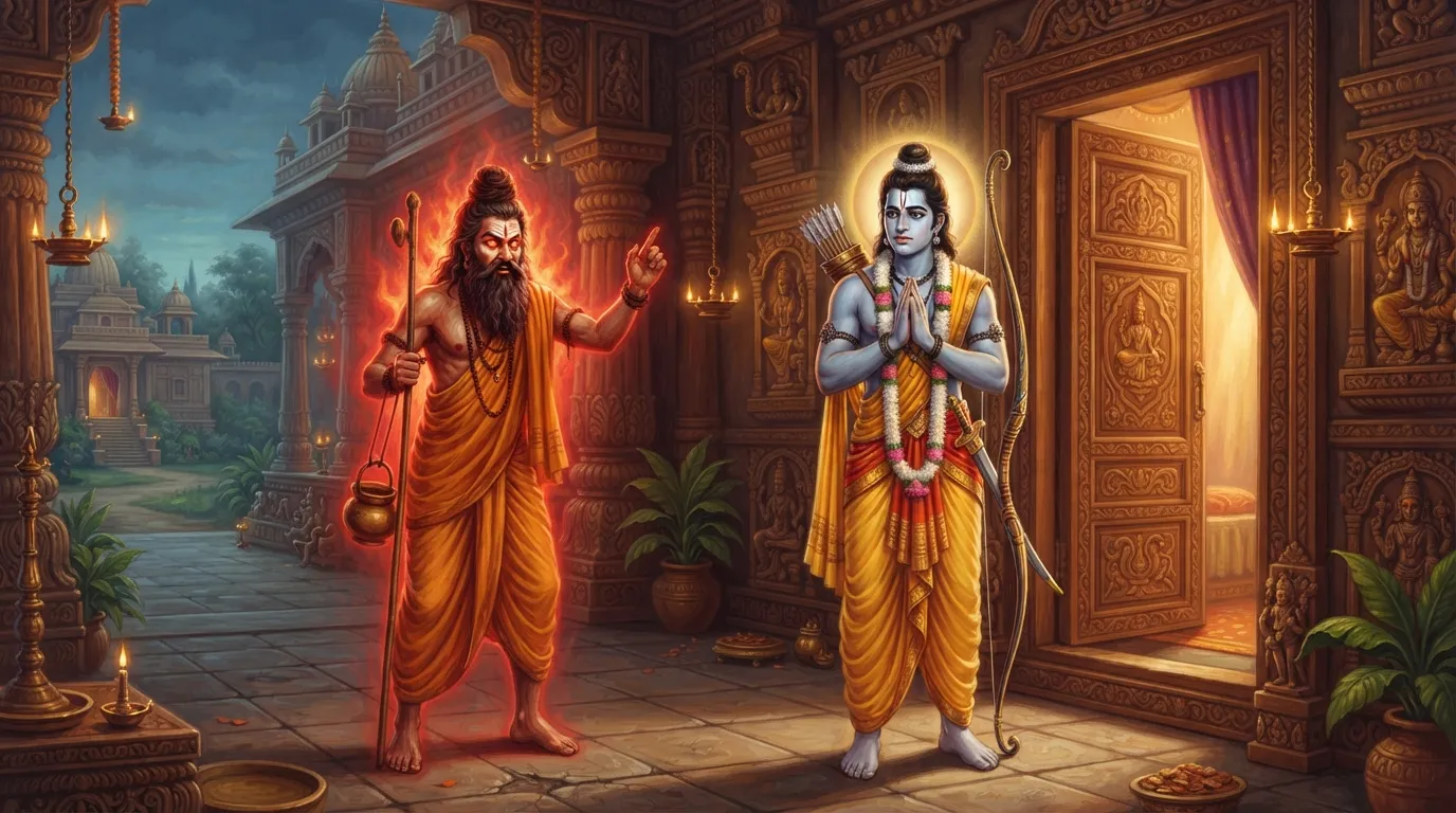 लक्ष्मण दुविधा में द्वार पर खड़े हैं, एक ओर श्रीराम के कक्ष का द्वार है और दूसरी ओर क्रोधित ऋषि दुर्वासा खड़े हैं, उनके चेहरे पर तीव्र क्रोध है। लक्ष्मण के चेहरे पर चिंता और कर्तव्यनिष्ठा का भाव है।