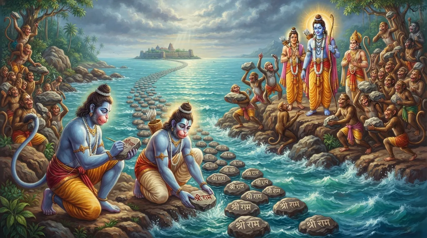 नल और नील अपने हाथों से पत्थरों पर 'राम' नाम लिख रहे हैं और उन्हें समुद्र में डाल रहे हैं, और पत्थर तैर रहे हैं। वानर सेना में उत्साह की लहर है।
