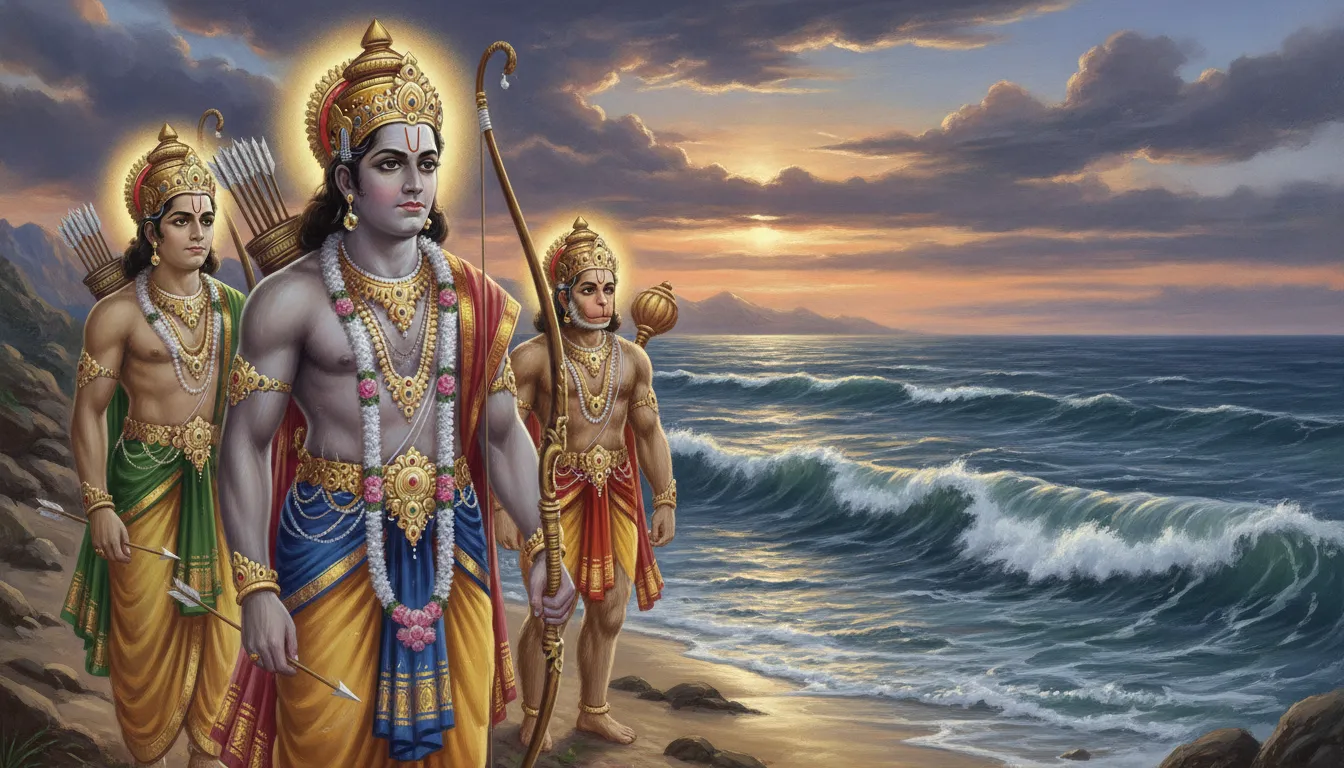 भगवान राम समुद्र तट पर खड़े हैं, उनके चेहरे पर गंभीरता और दृढ़ता का भाव है। उनके पीछे लक्ष्मण और हनुमान हैं, जो समुद्र की विशालता को देख रहे हैं।