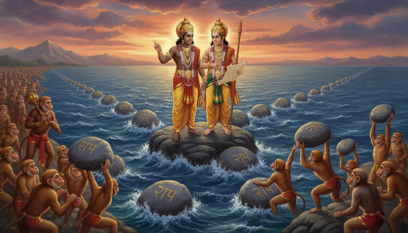 वानर सेना उत्साह से काम कर रही है, नल और नील पत्थरों को निर्देशित कर रहे हैं और वानर 'राम' लिखे हुए पत्थरों को समुद्र में डाल रहे हैं, जो पानी पर तैर रहे हैं।