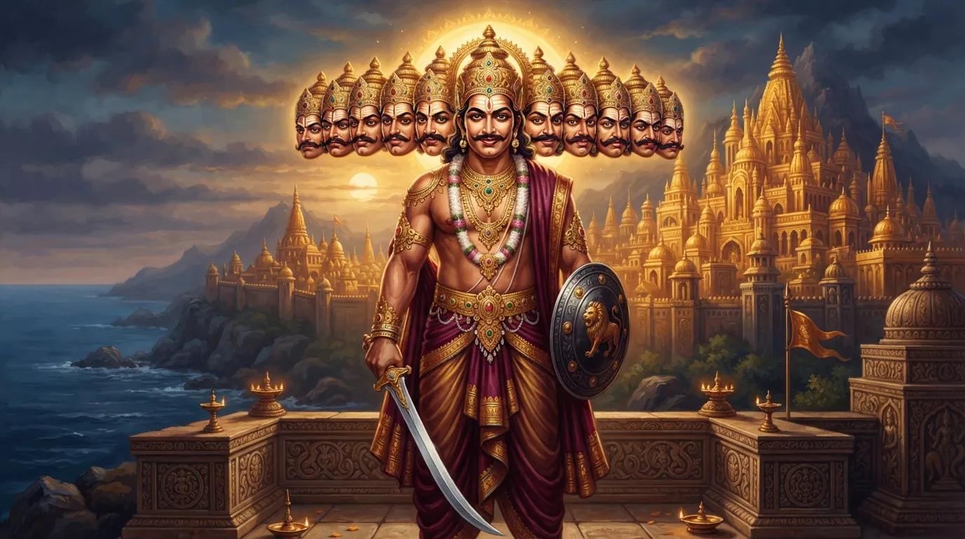 दशानन रावण का एक भव्य और तेजस्वी चित्र, जिसमें उसके दस सिर स्पष्ट दिखाई दे रहे हैं। उसके चेहरे पर ज्ञान और अहंकार का मिला-जुला भाव है और पृष्ठभूमि में लंका का स्वर्ण महल है।
