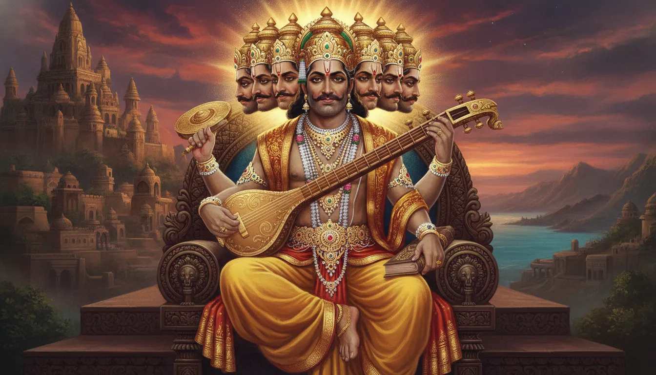 लंका के भव्य सिंहासन पर बैठा विद्वान रावण, जिसके दस सिर ज्ञान और शक्ति का प्रतीक हैं। उसके चेहरे पर ज्ञान के साथ अहंकार का भाव स्पष्ट दिख रहा है।