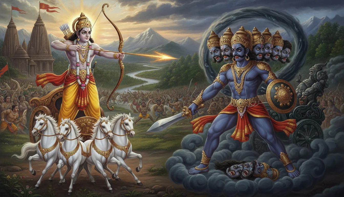 कुरुक्षेत्र के युद्ध का दृश्य जहाँ भगवान राम अपने दिव्य धनुष 'कोदंड' से रावण पर बाण चला रहे हैं। रावण के कटे हुए सिर फिर से उग रहे हैं, जो बुराई के कभी न खत्म होने वाले स्वभाव को दर्शाता है।