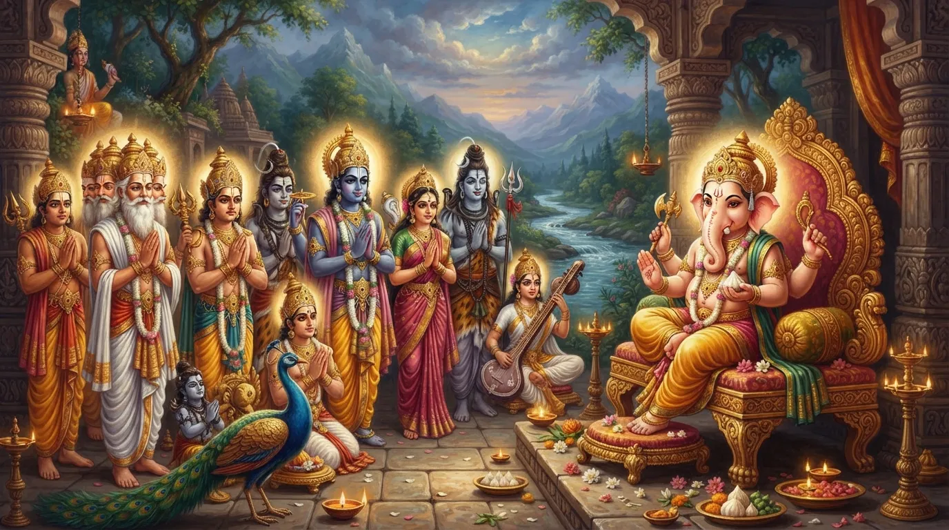 सभी देवता चिंतित मुद्रा में हाथ जोड़कर श्री गणेश से प्रार्थना कर रहे हैं। गणेश जी एक बालक के रूप में शांत भाव से उनकी बात सुन रहे हैं और उनके चेहरे पर एक सौम्य मुस्कान है।