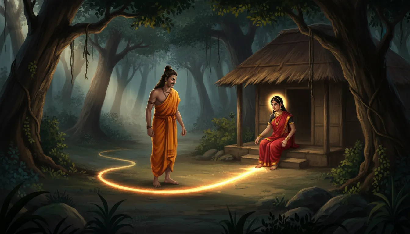 रावण एक साधु के वेश में कुटिया के बाहर खड़ा है, और उसके सामने ज़मीन पर एक सुनहरी चमकती हुई लक्ष्मण रेखा है। सीता जी कुटिया के दरवाज़े पर चिंतित खड़ी हैं। आस-पास का जंगल घना और रहस्यमयी है।