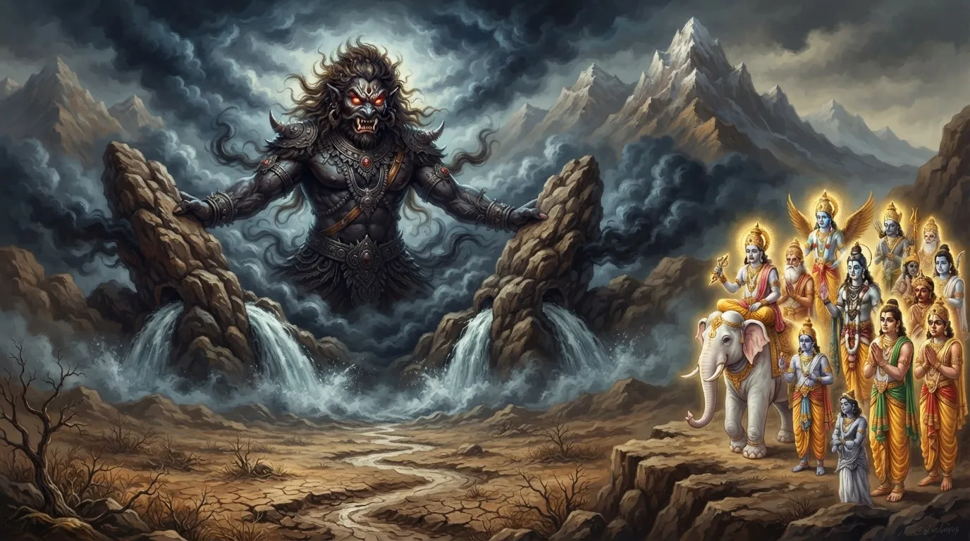 विशालकाय और भयावह वृत्रासुर काले बादलों के बीच खड़ा है, उसकी आँखों में क्रोध है। वह अपने विशाल हाथों से नदियों के प्रवाह को रोक रहा है, और नीचे धरती सूखी और दरारों से भरी हुई दिख रही है। देवता असहाय होकर दूर से यह दृश्य देख रहे हैं।