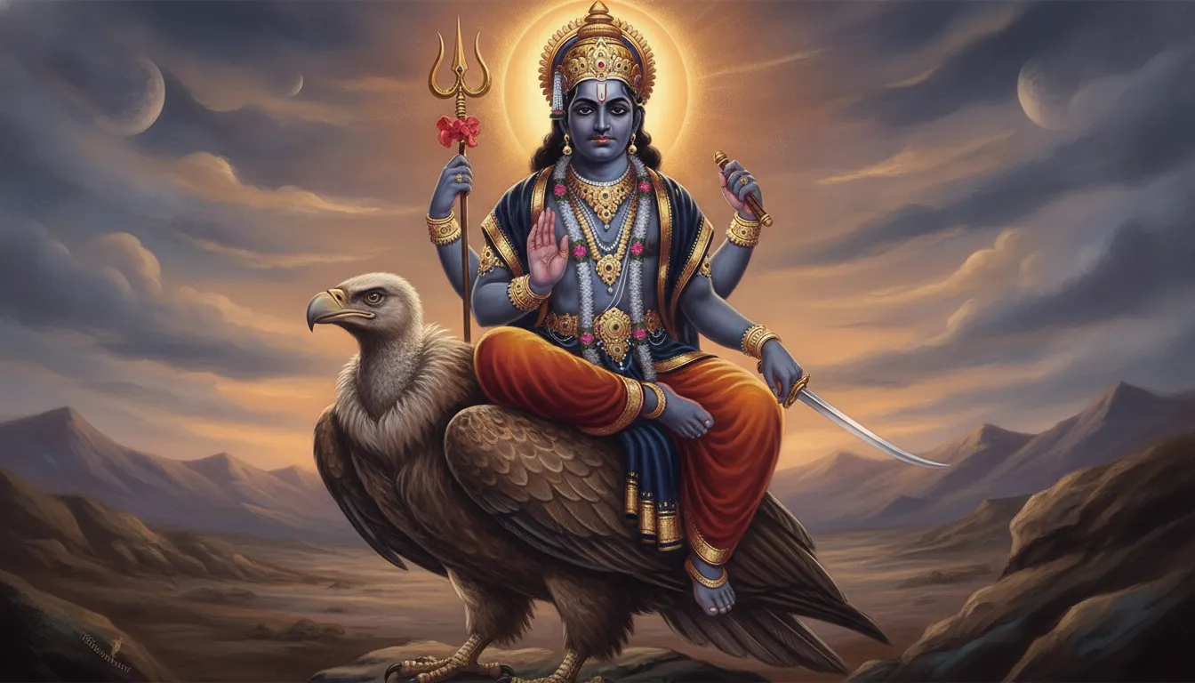 शनिदेव अपनी सवारी गिद्ध पर बैठे हुए, हाथ में त्रिशूल और तलवार लिए, गंभीर मुद्रा में, पर उनके चेहरे पर न्याय और ज्ञान का भाव हो।
